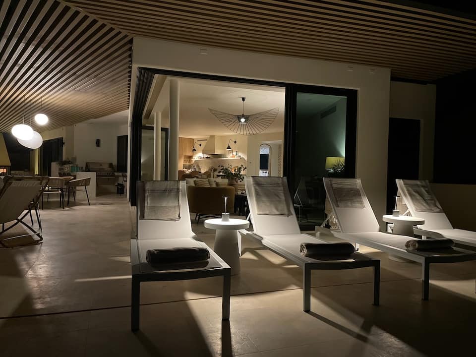 Covered terrace lounge in the evening